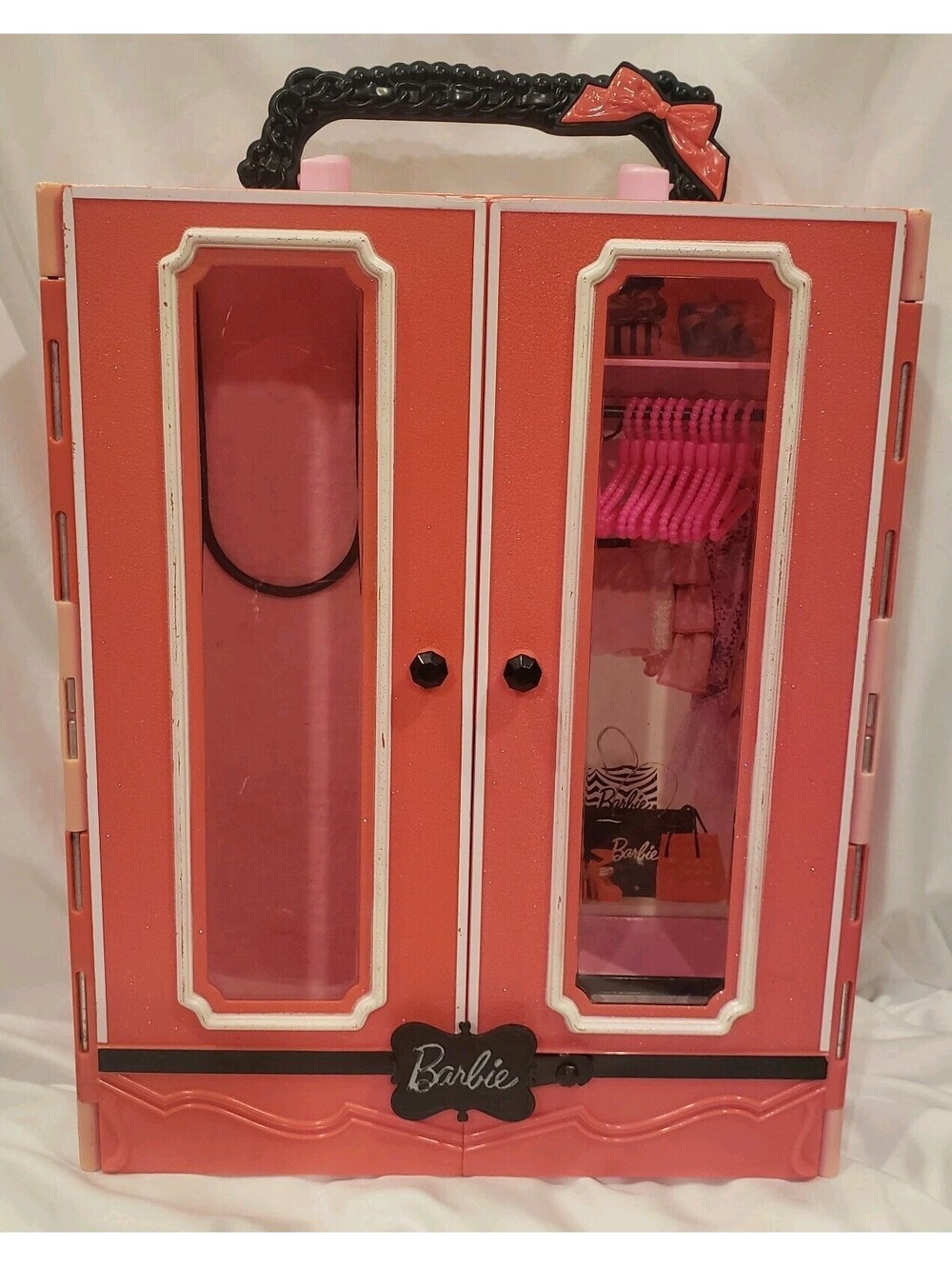 2013 Mattel Barbie Ultimate Closet Wardrobe Carry Case Pink Black Hangers